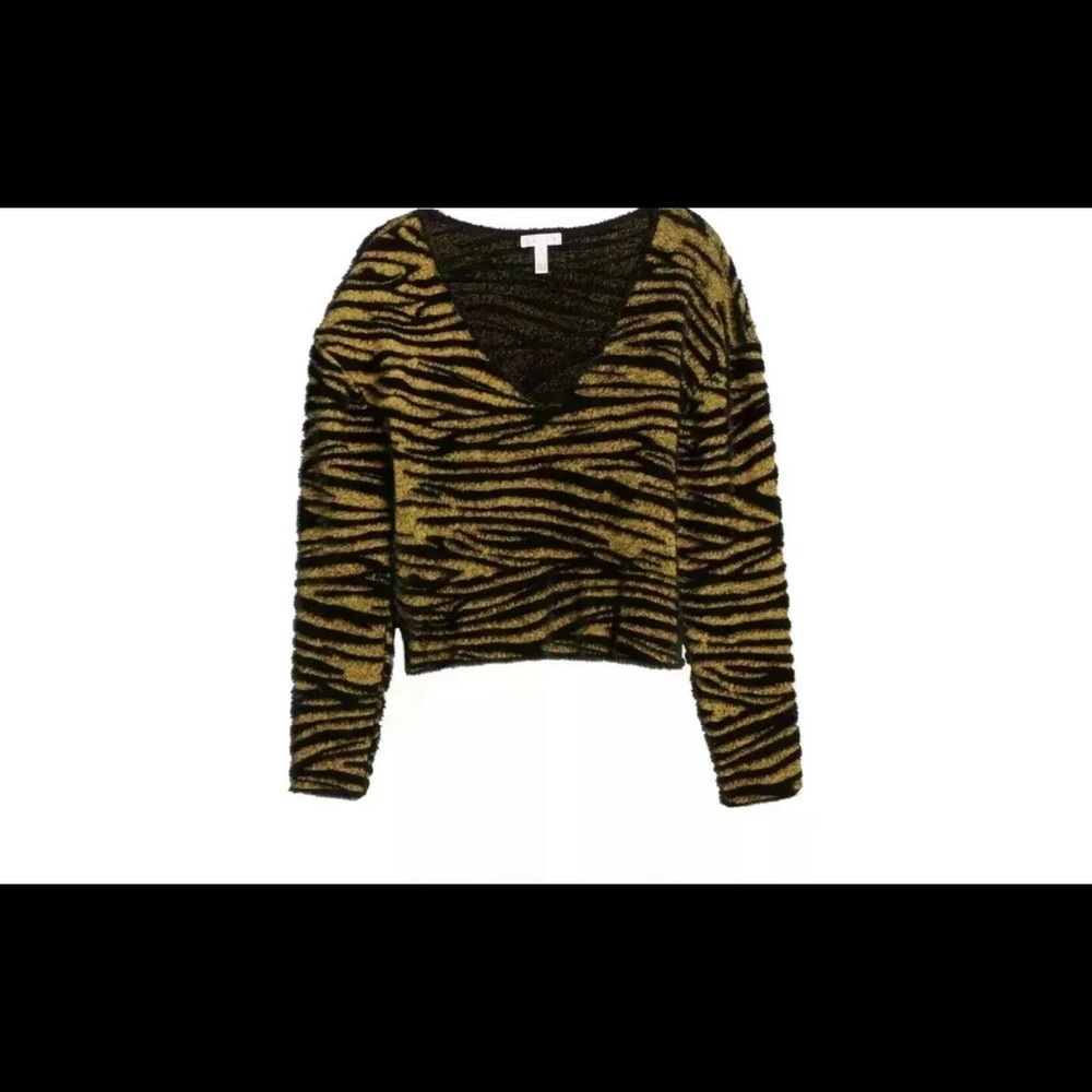 LEITH Fuzzy Animal Tiger Stripe V-Neck Cropped - Picture 1 of 7